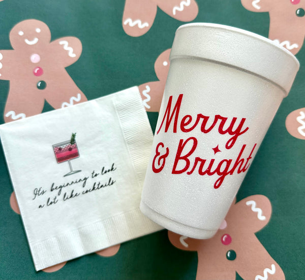 merry & bright styrofoam cups