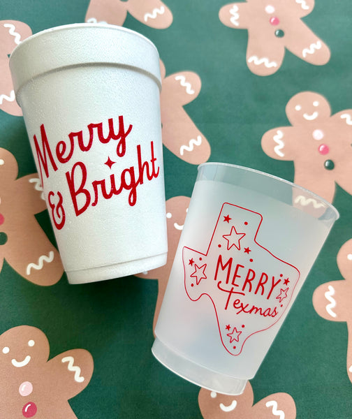 merry & bright styrofoam cups