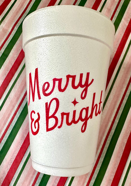 merry and bright styrofoam cups